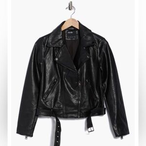 Elodie Black Faux Leather Biker Jacket with Belt